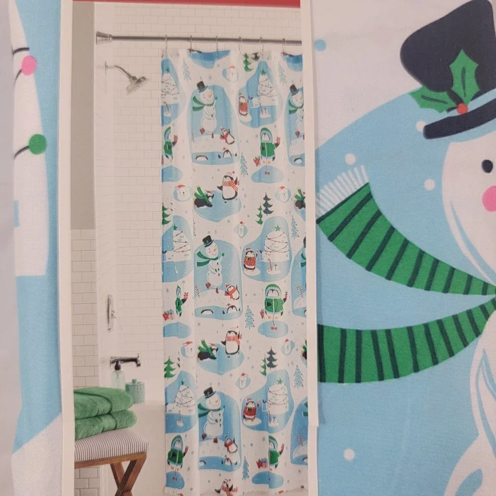 Snowman Blue Printed Christmas Fabric Shower Curtain - Size 72”x72”